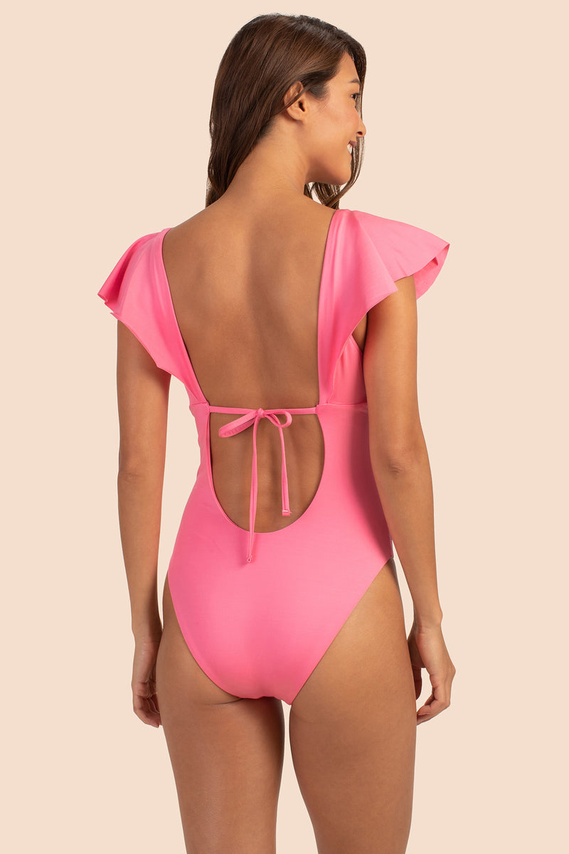 MONACO SOLIDS FLUTTER SLEEVE CUT-OUT ONE-PIECE MAILLOT in GERANIUM PINK additional image 5