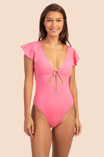 MONACO SOLIDS FLUTTER SLEEVE CUT-OUT ONE-PIECE MAILLOT in GERANIUM PINK additional image 4