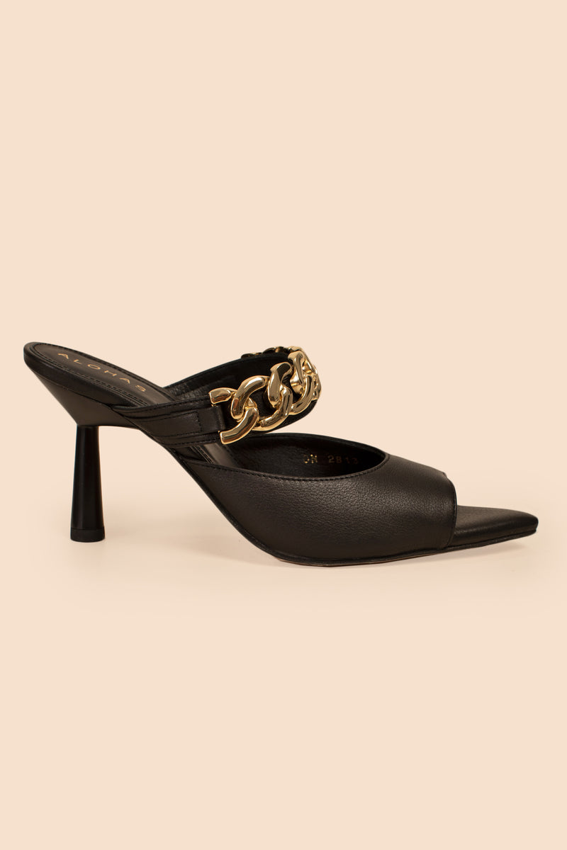 ALOHAS DAISY BLACK CHAIN HEELED MULE in BLACK