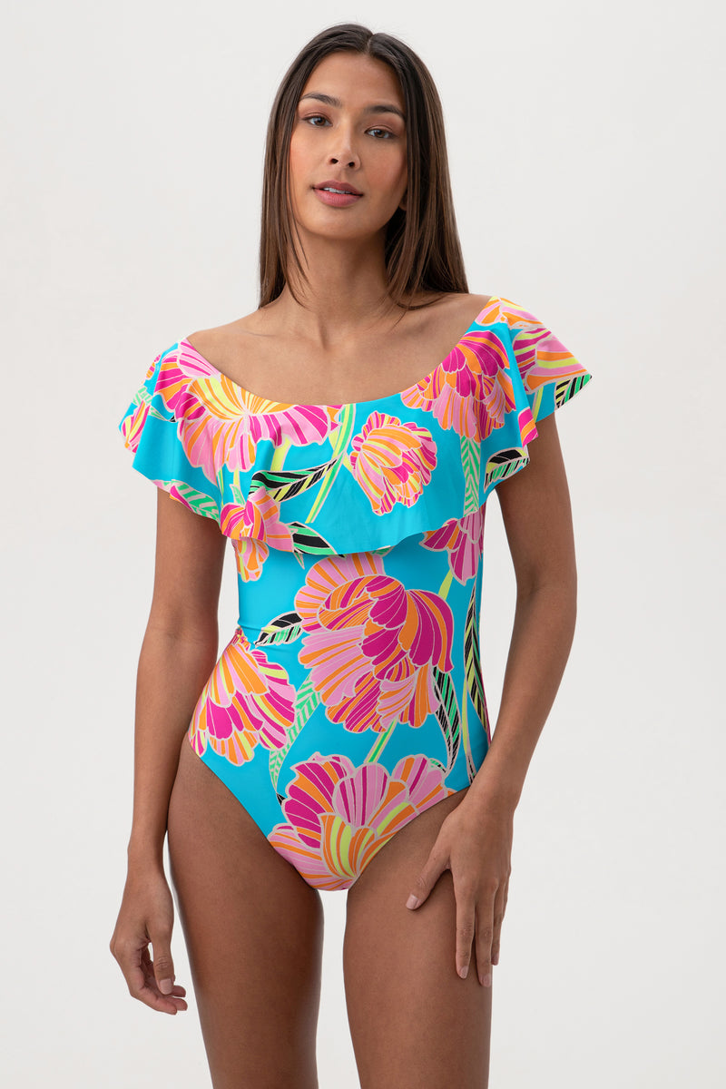 POPPY OFF THE SHOULDER RUFFLE BANDEAU ONE PIECE in MULTI