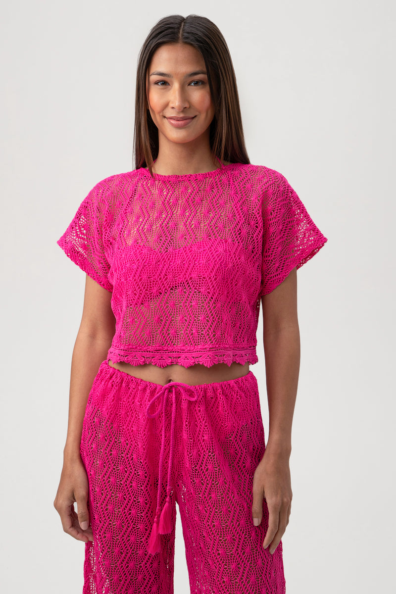 WHIM CROCHET CROP SHIRT in ROSE PINK additional image 6