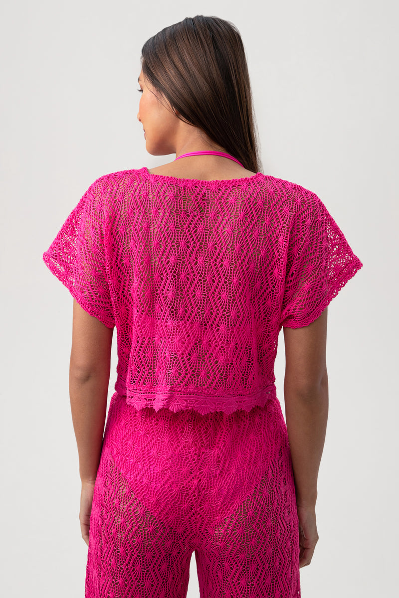 WHIM CROCHET CROP SHIRT in ROSE PINK additional image 8
