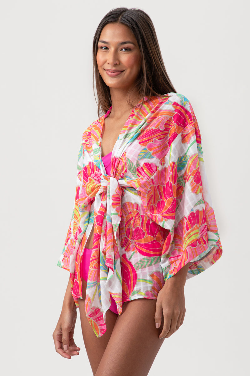 POPPY TIE FRONT BEACH SHIRT in WHITE MULTI additional image 5