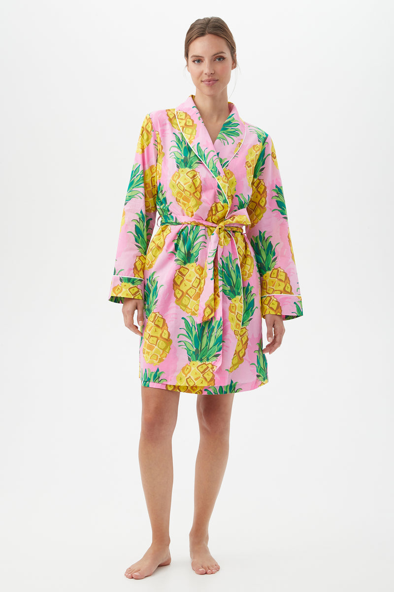 PINEAPPLE WOMEN'S LONG SLEEVE SHORT COTTON ROBE in MULTI additional image 2