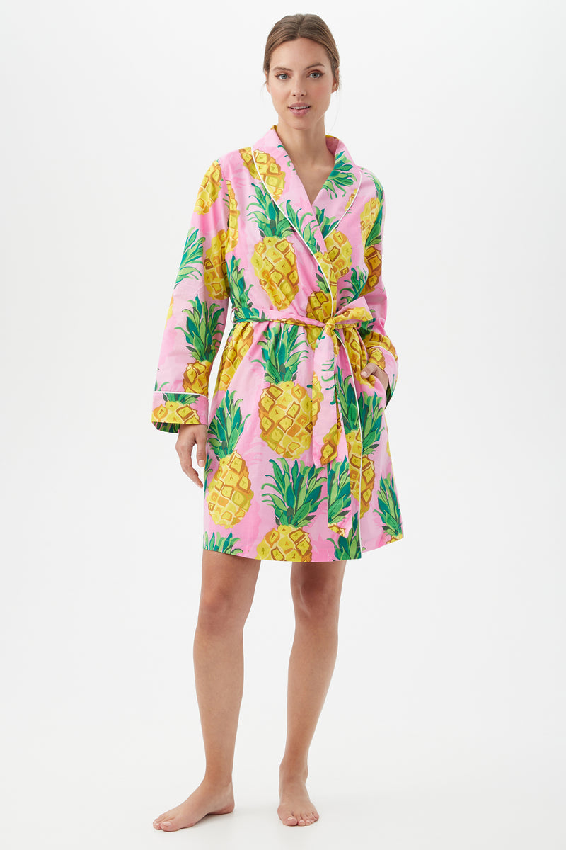 PINEAPPLE WOMEN'S LONG SLEEVE SHORT COTTON ROBE in MULTI additional image 4