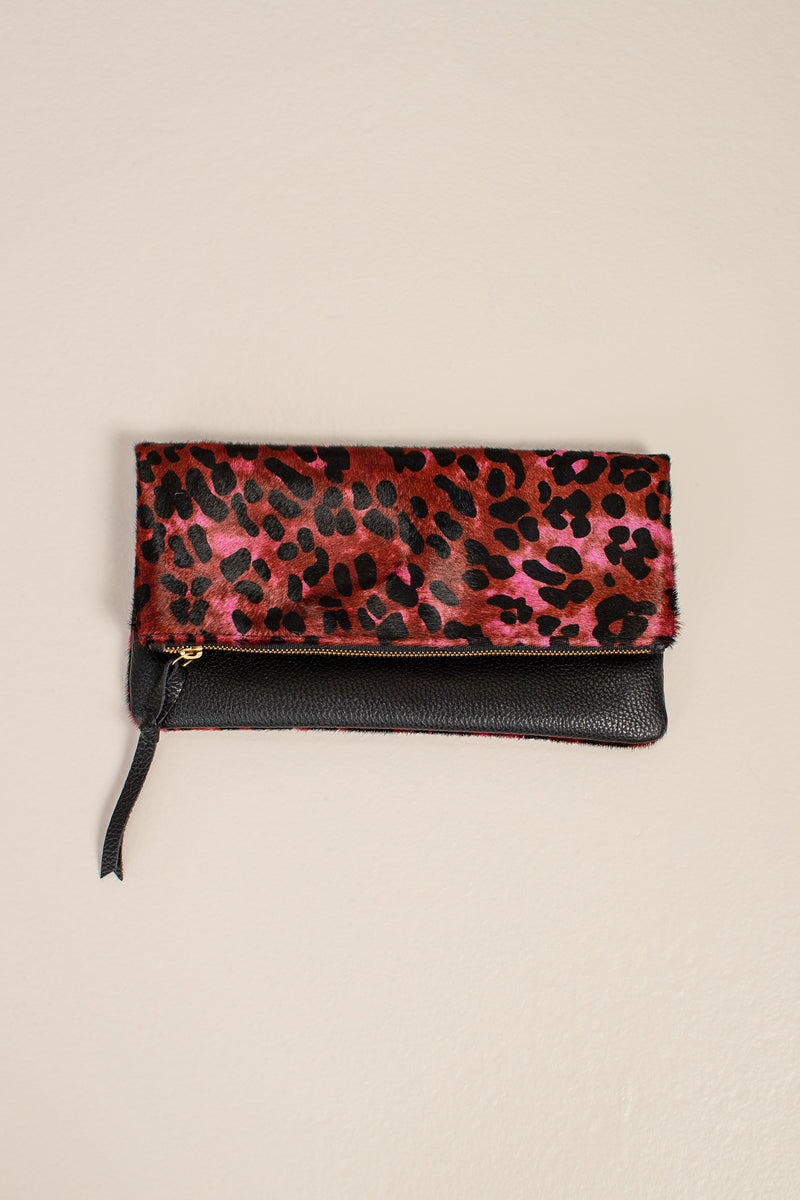 ANASTASIA CHEETAH CLUTCH in GARNET RED