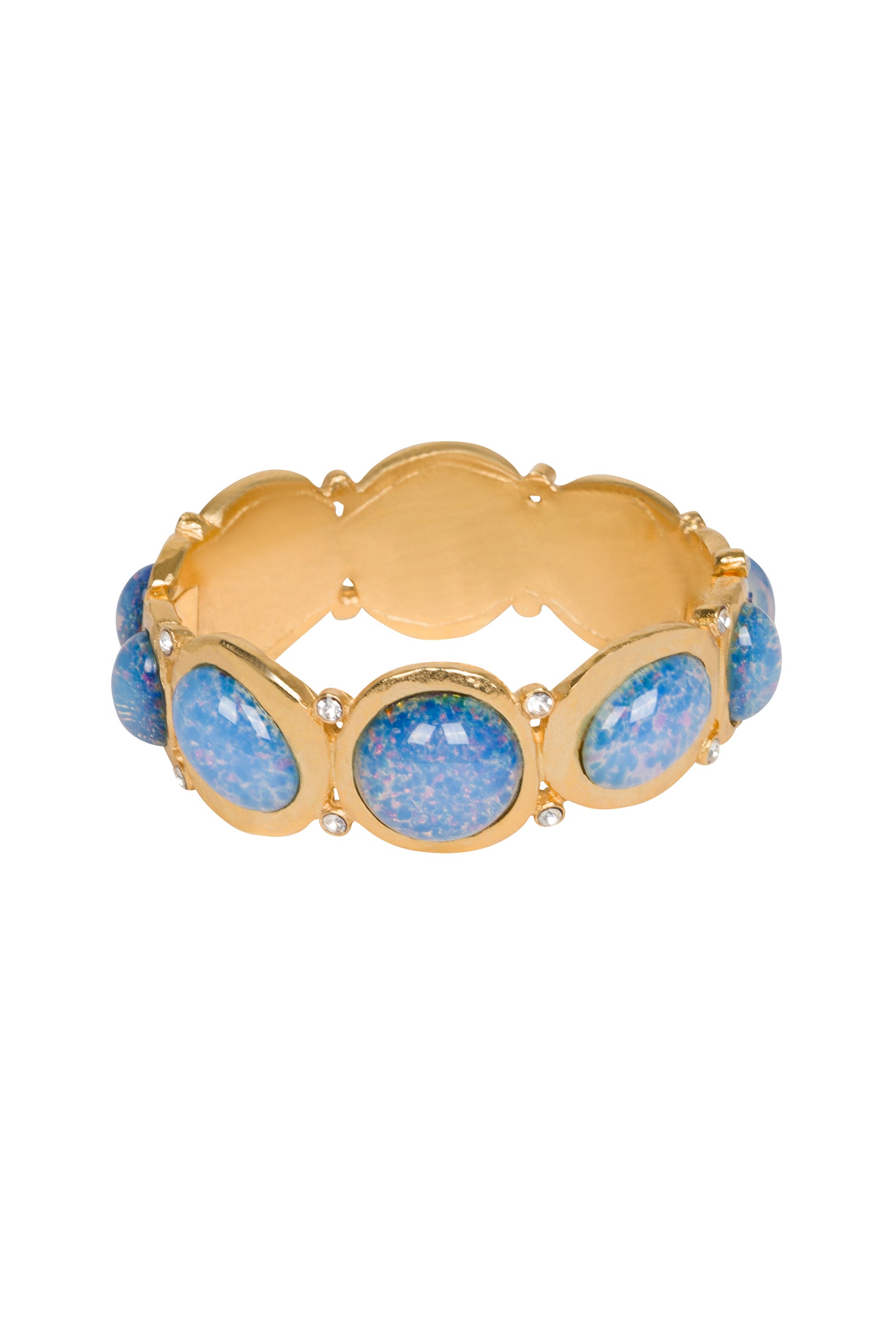 A 2003 LUCKY BRAND Gold Tone Cuff Bracelet With Blue Cabochon Accents. 