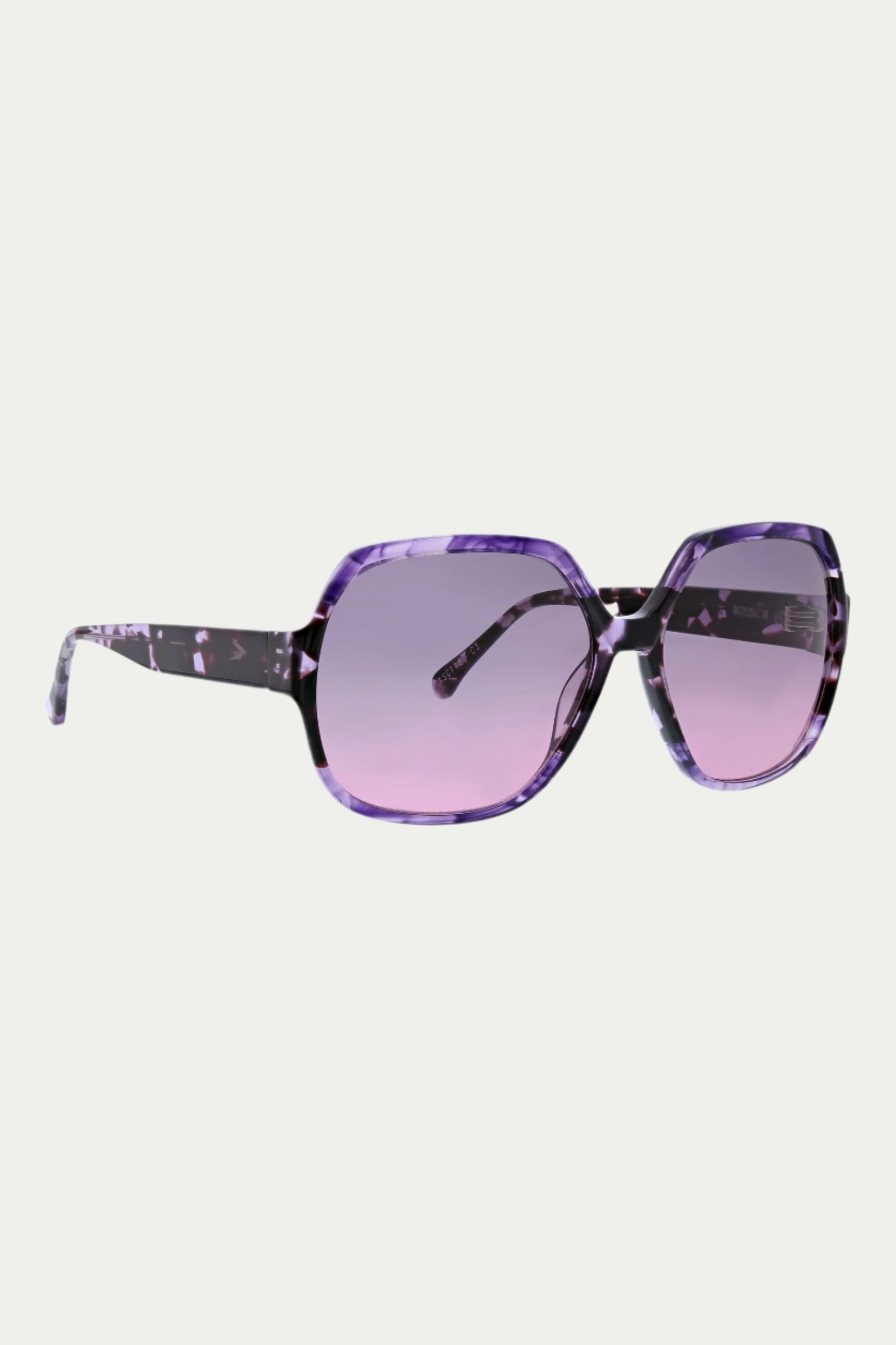 The Tresco Sunglass features oversized, geometric purple tortoiseshell square frames and gradient purple lenses with UVA/UVB protection, displayed at an angle on a white background.